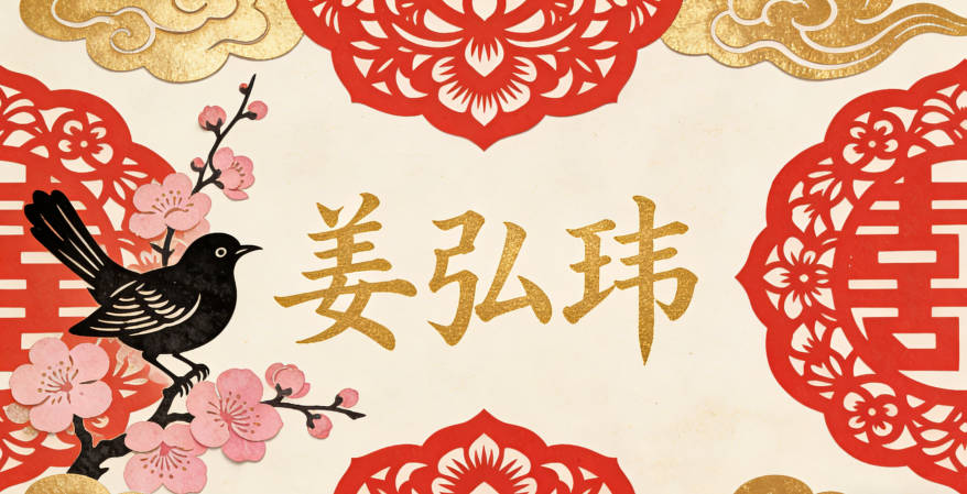 姜弘瑋，弘有廣闊、雄偉之意，瑋代表珍貴美好